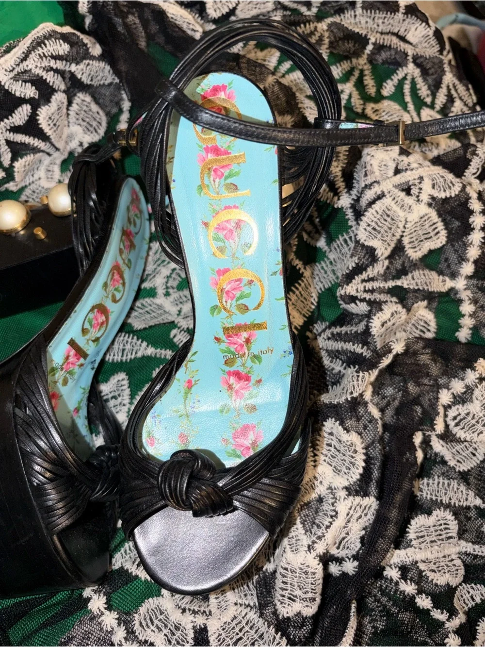 Gucci Black Leather Knotted Platform Sandals with Pearl & Gold Accent